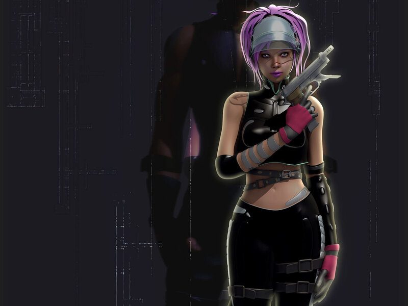 Female Character with Gun — Black, Dramatic, Night