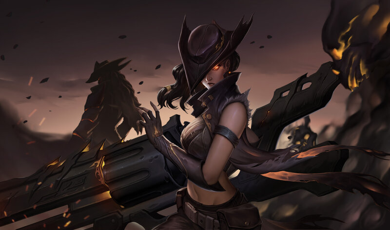 Female Character with Gun — Black, Dramatic, Sunset, Digital Art, Hat