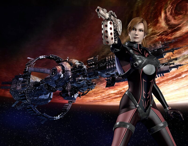Female Character with Gun — Black, Dramatic, Sunset