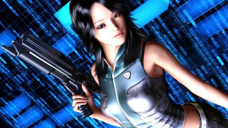 Female Character with Gun — Blue, Dramatic, Digital Art, Digital Background