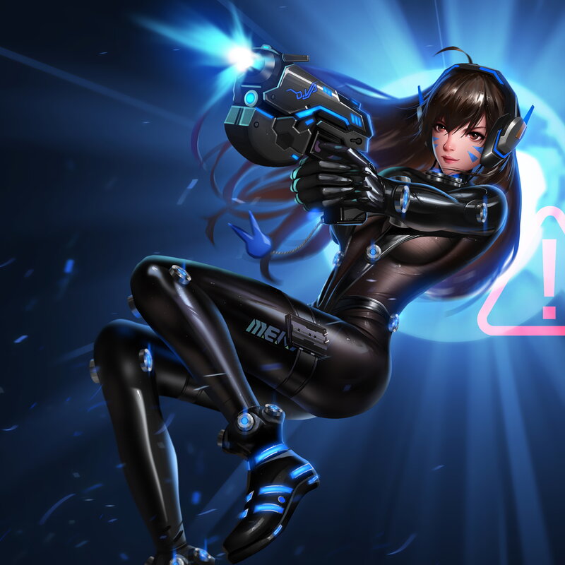 Female Character with Gun — Blue, Dramatic, Digital Art, Headset