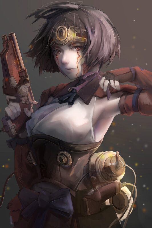 Female Character with Gun — Gray, Dramatic, Digital Art