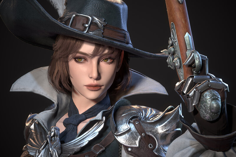 Female Character with Gun — Gray, Dramatic