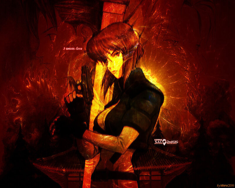 female character with gun in fire