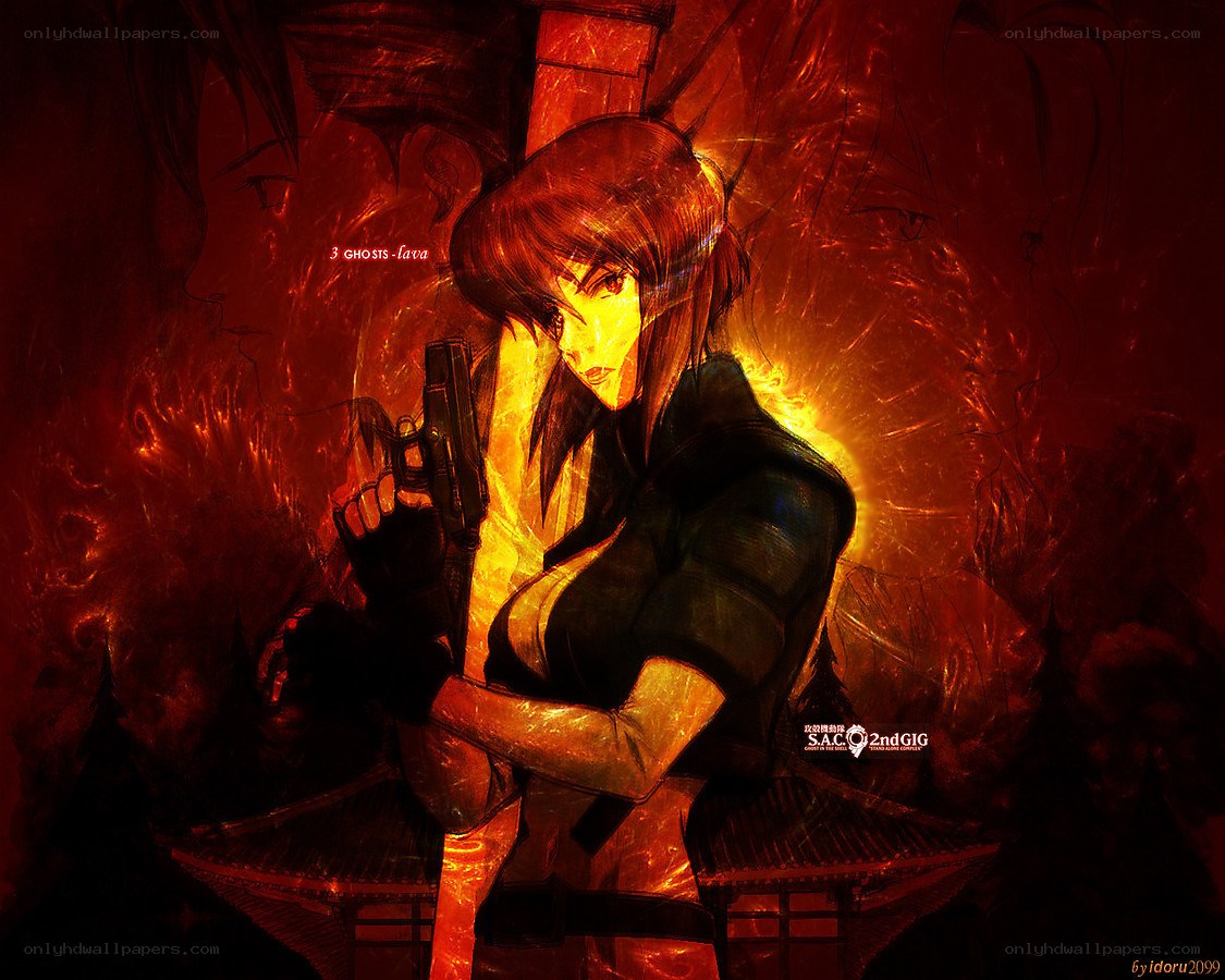 female character with gun in fire