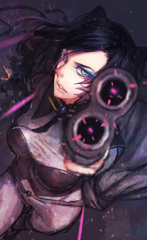 Female Character with Gun — Purple, Dramatic, Night, Digital Art, Hair