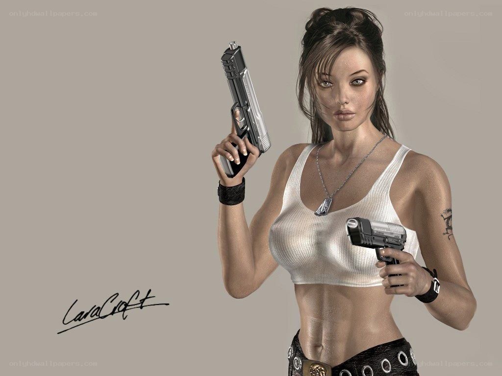 female character with guns