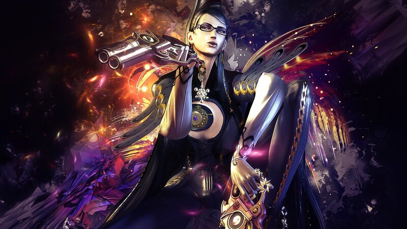Female Character with Guns — Black, Dramatic, Digital Art, Glasses, Wings