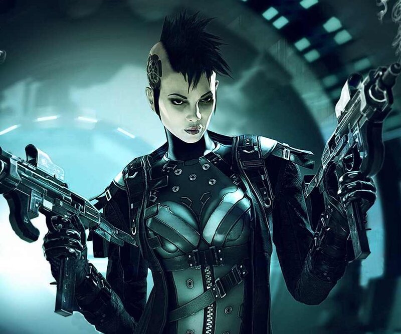 Female Character with Guns — Black, Dramatic, Digital Art