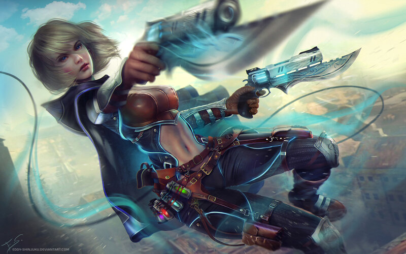 Female Character with Guns — Blue, Dramatic, Afternoon