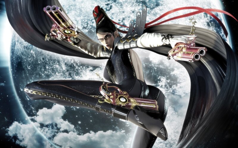 female character with guns in space