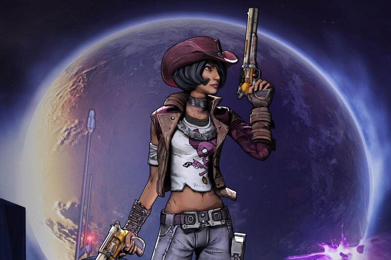 Female Character with Guns — Purple, Dramatic, Night