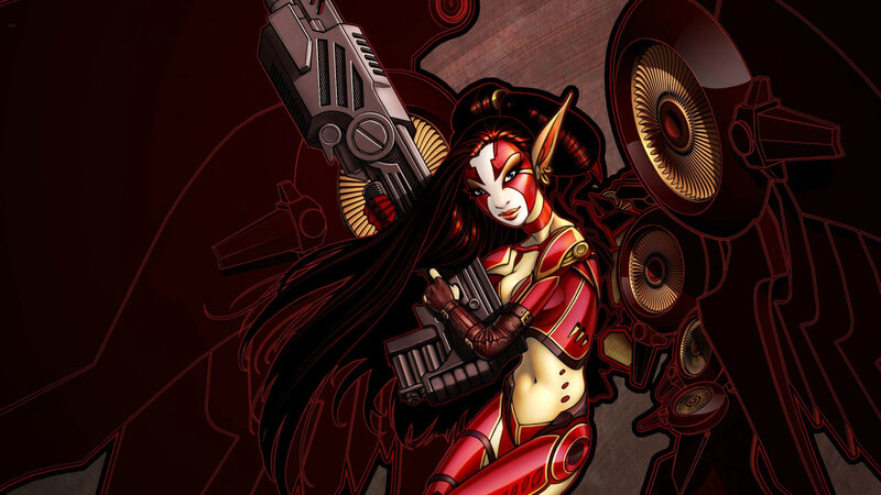 Female Character with Guns — Red, Dramatic, Digital Art