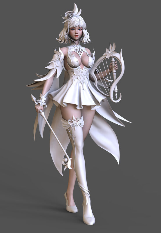 Female Character with Harp — White, Serene, 3d Render