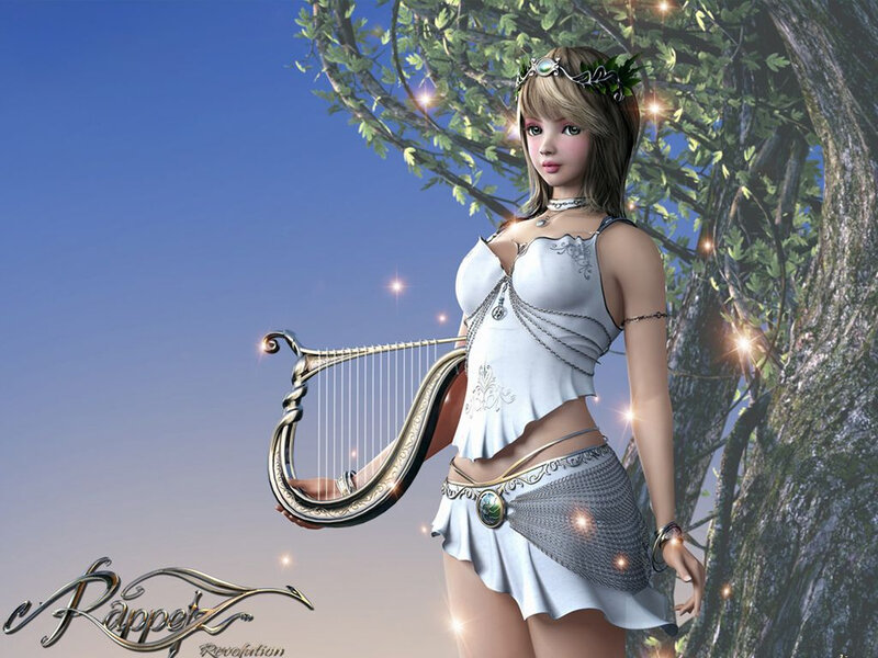 Female Character with Harp — White, Serene