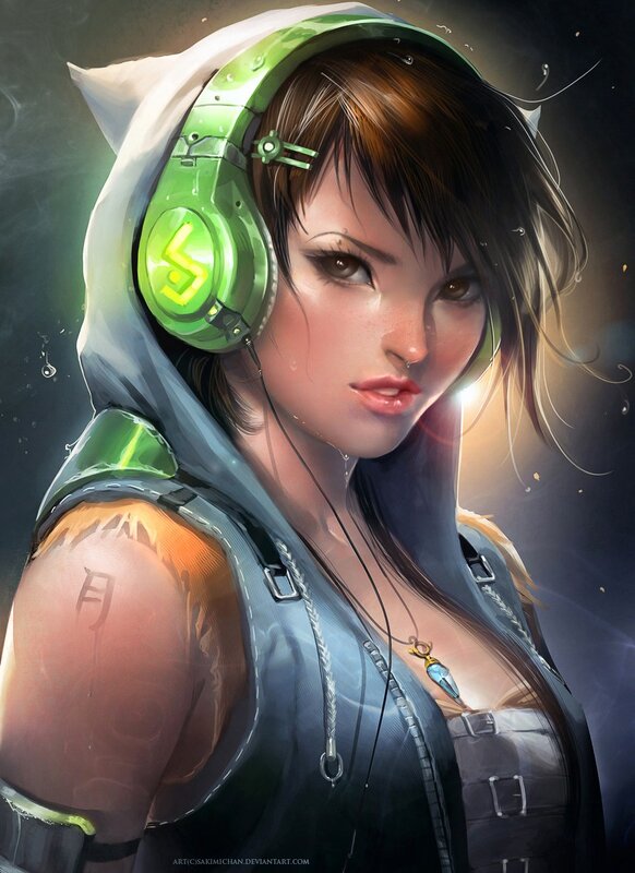female character with headphones