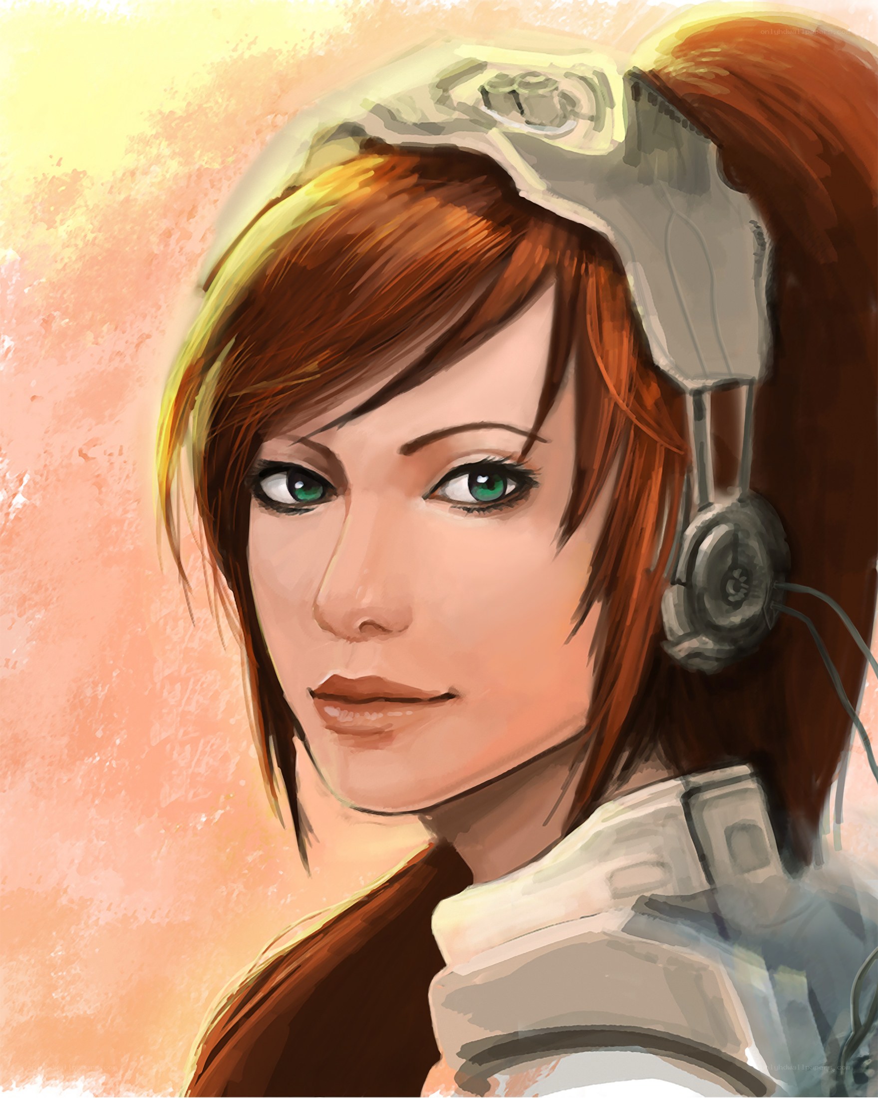 female character with headphones