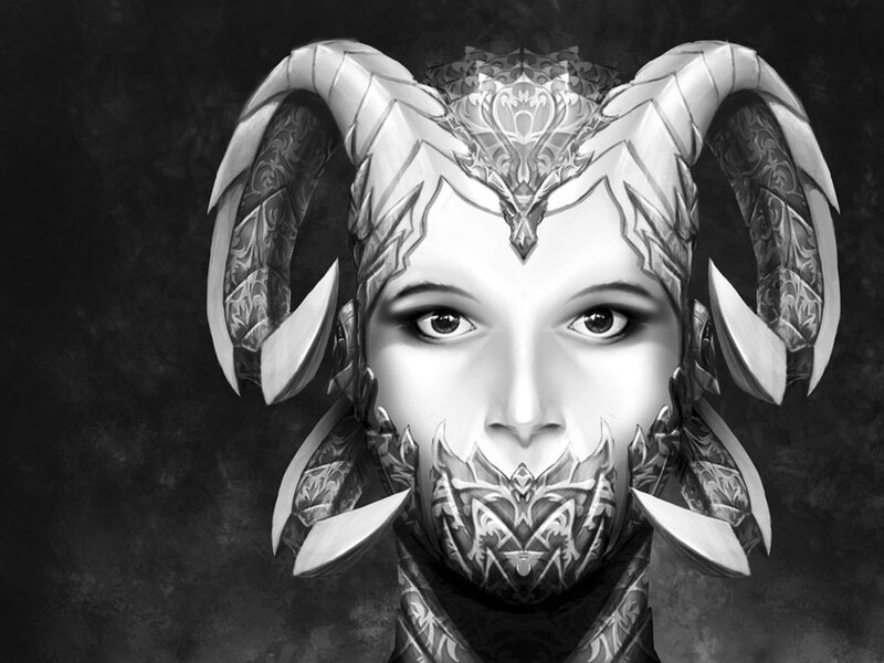 Female Character with Horns — Black, Dramatic, Digital Art