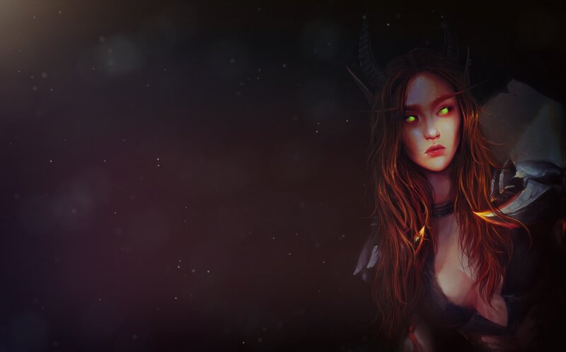 Female Character with Horns — Black, Dramatic, Night, Digital Art, Green Eyes