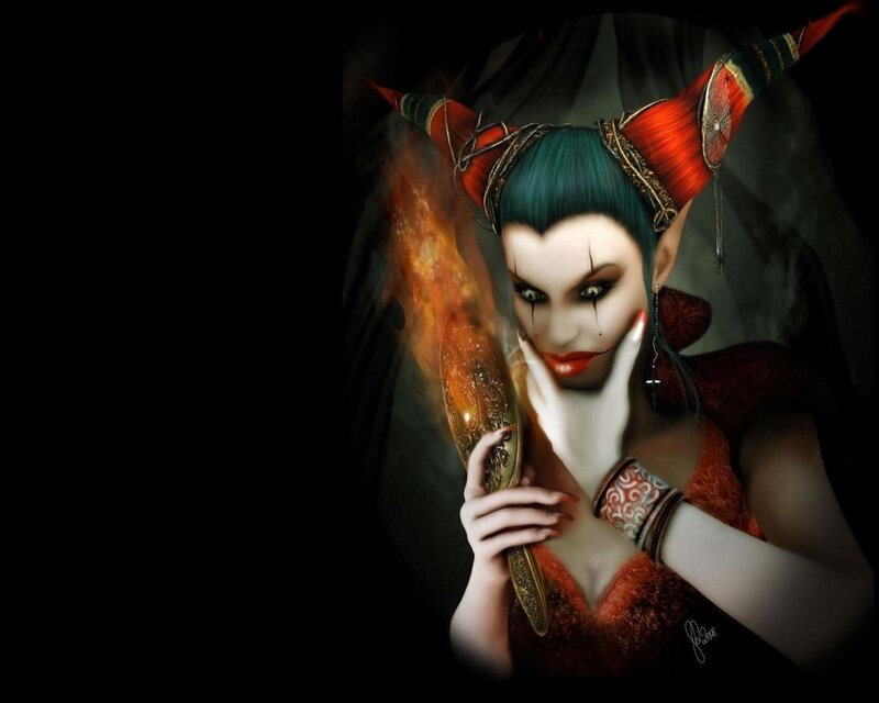 Female Character with Horns — Black, Dramatic, Night