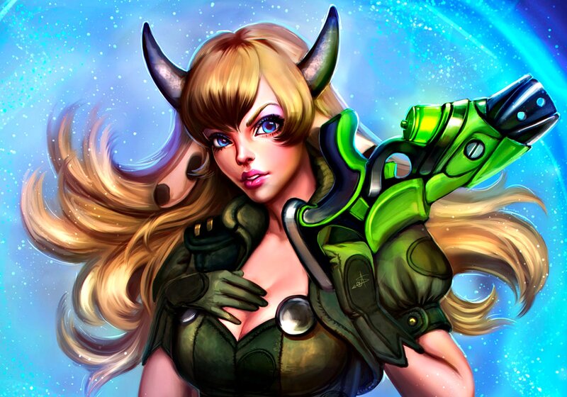 Female Character with Horns — Blue, Dramatic, Digital Art, Weapon