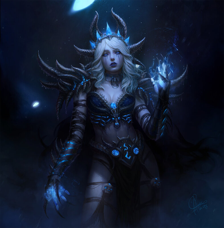 Female Character with Horns — Blue, Dramatic, Night, Digital Art, Glowing Blue Energy