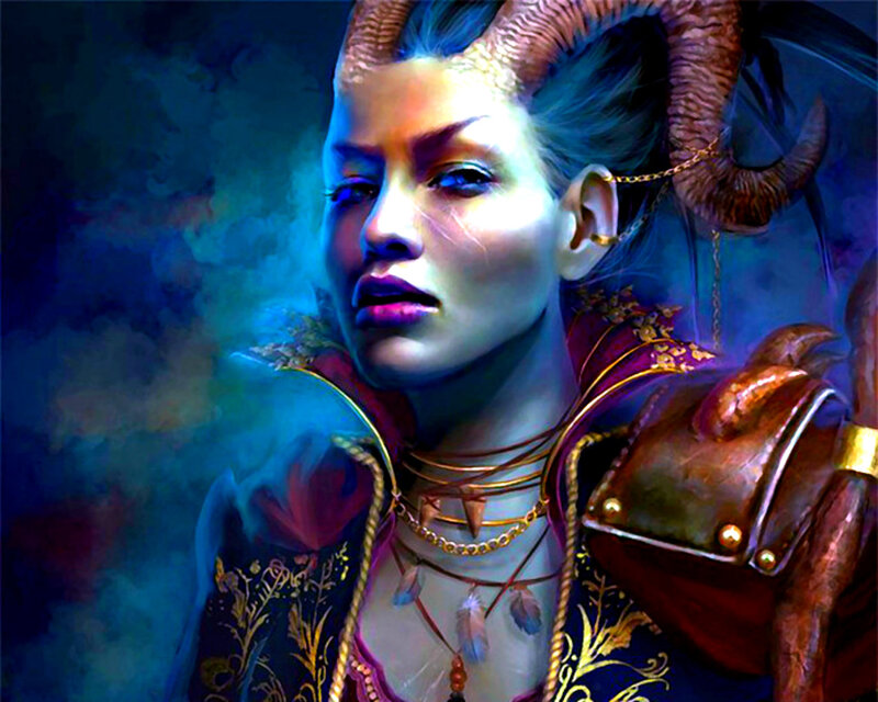 Female Character with Horns — Blue, Dramatic