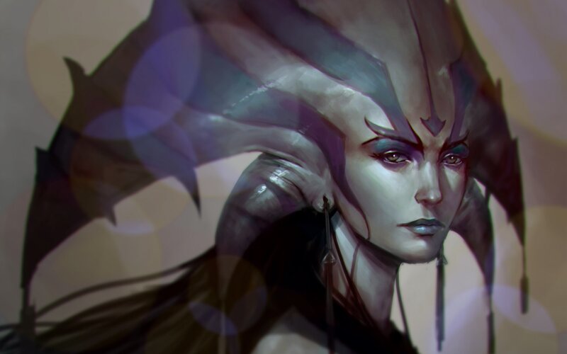 Female Character with Horns — Purple, Dramatic, Digital Art, Dark Hair