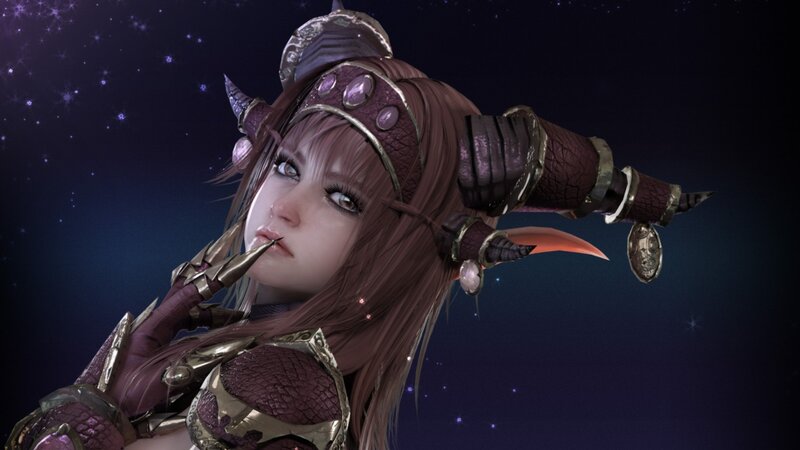 Female Character with Horns — Purple, Dramatic, Night, 3d Render