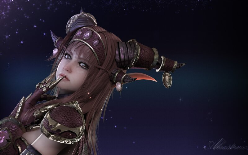 Female Character with Horns — Purple, Dramatic, Night, Digital Art, Armor