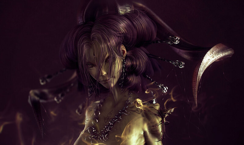 Female Character with Horns — Purple, Dramatic, Night