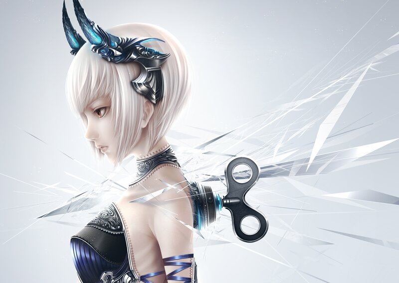Female Character with Horns — White, Dramatic, Digital Art