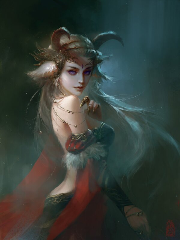 Female Character with Horns — White, Dramatic, Night