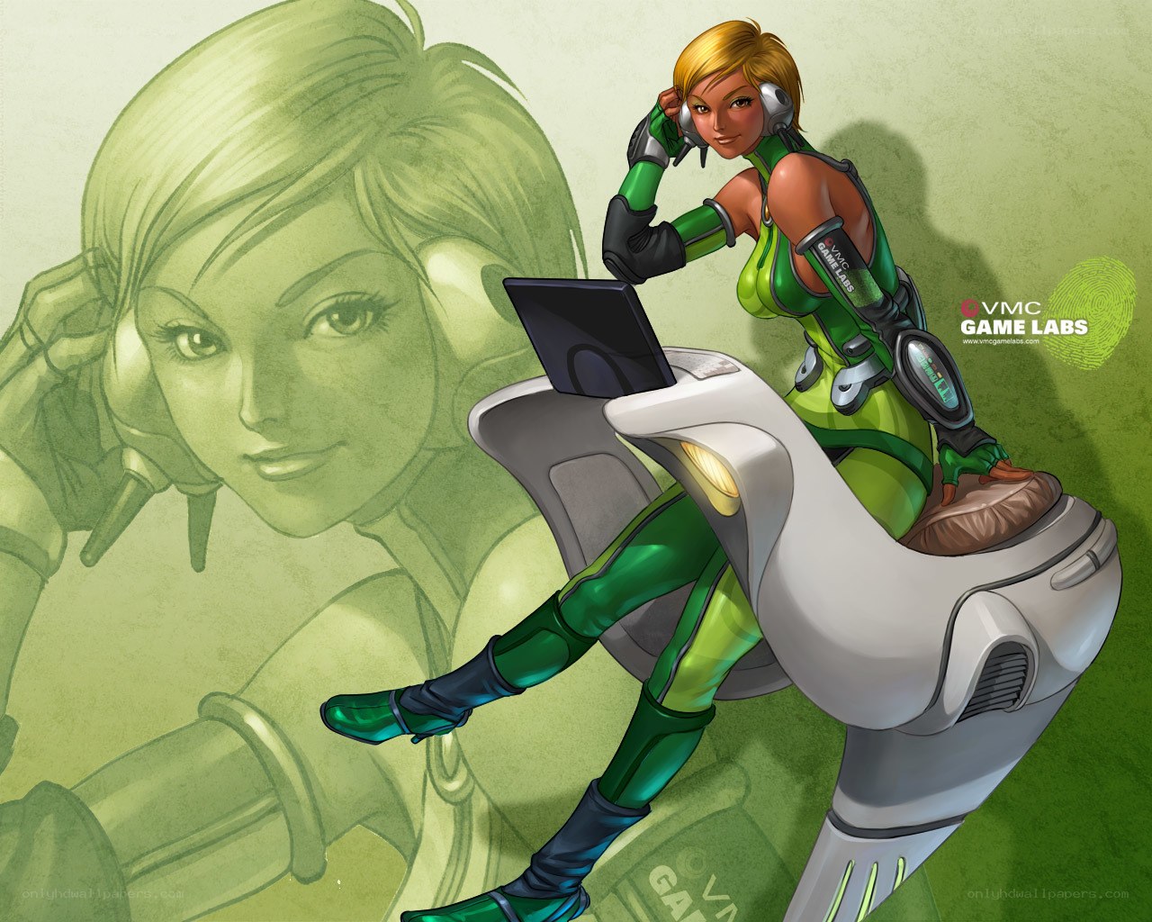 female character with laptop