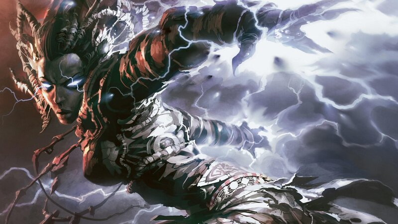 Female Character with Lightning — Black, Dramatic, Digital Art, Armor