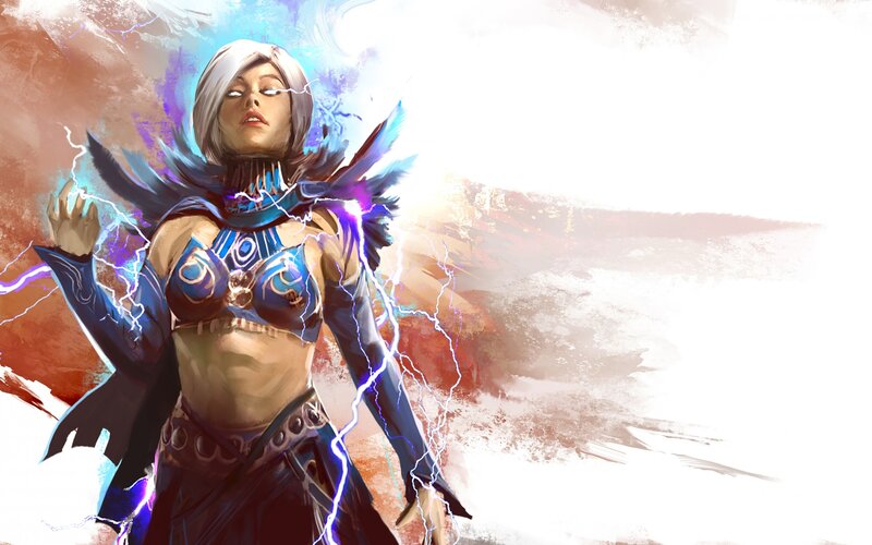 Female Character with Lightning — Blue, Dramatic, Digital Art, Cape