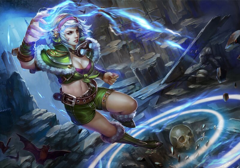 Female Character with Lightning — Blue, Dramatic, Digital Art, Skull