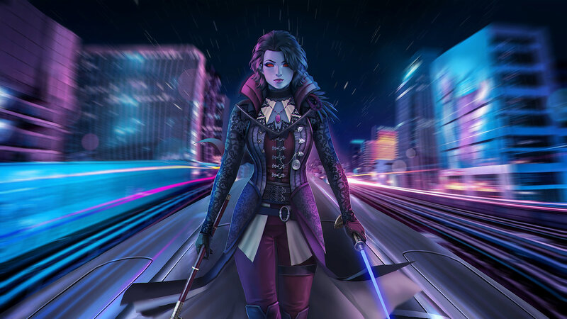 Female Character with Lightsabers — Purple