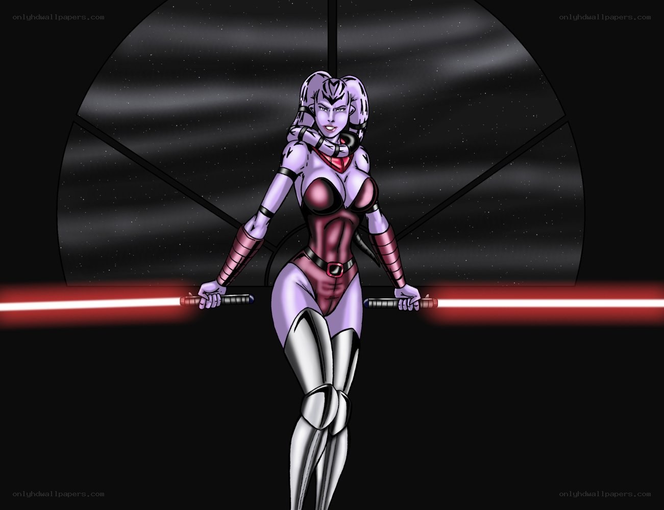 female character with lightsabers
