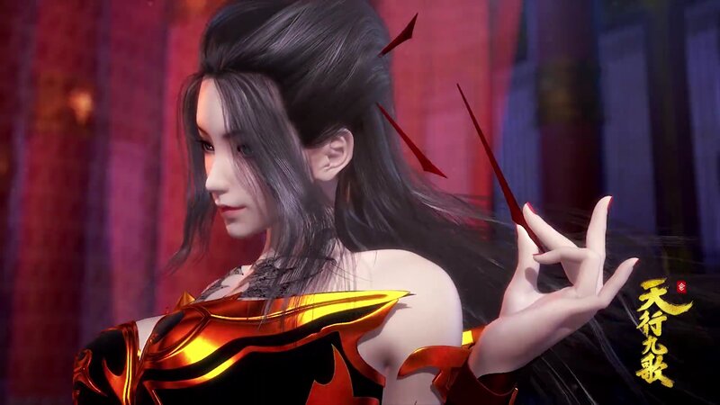Female Character with Long Hair — Black, Dramatic, 3d Render, Long Black Hair, Red and Gold Armor
