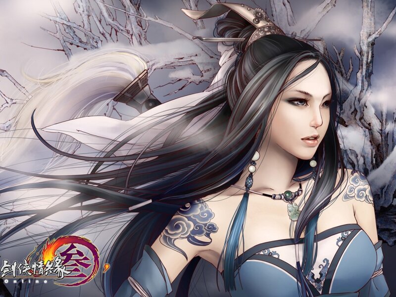 Female Character with Long Hair — Blue, Dramatic, Winter