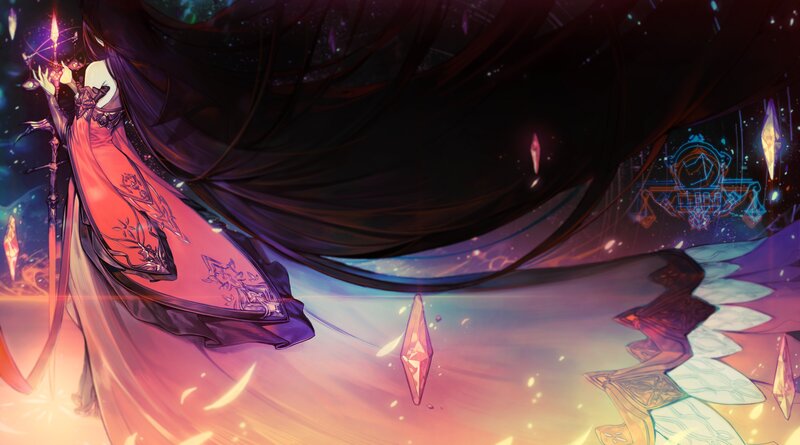 Female Character with Long Hair — Purple, Dramatic, Night, Digital Art, Sword