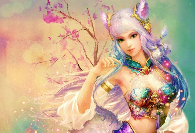 Female Character with Long Hair — Purple, Serene, Spring, Digital Art