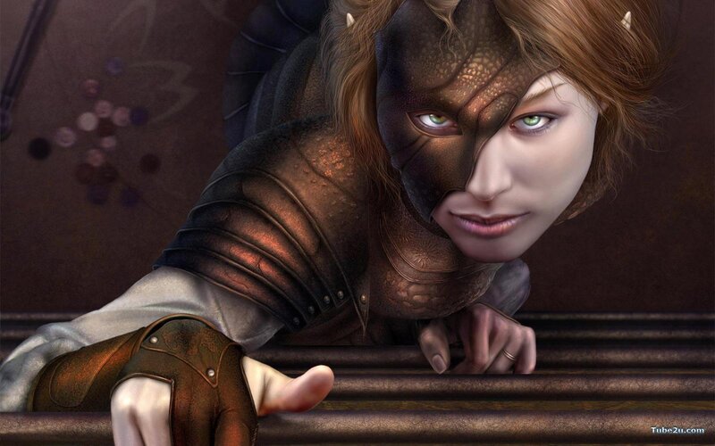 Female Character with Mask — Brown, Dramatic, Digital Art, Armor, Gloves