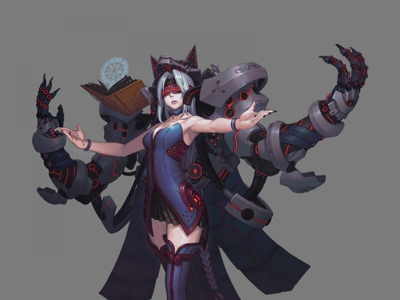 Female Character with Mechanical Arms — Gray