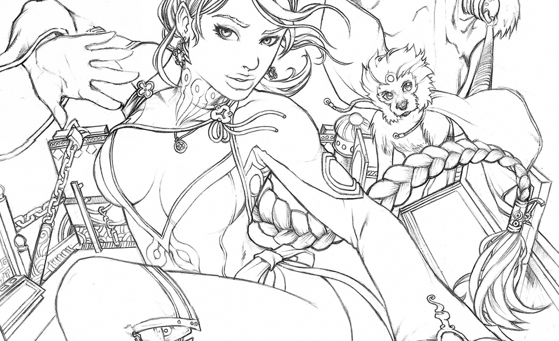 female character with monkey companion