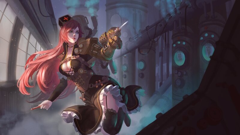Female Character with Pink Hair — Dramatic, Digital Art, Steampunk