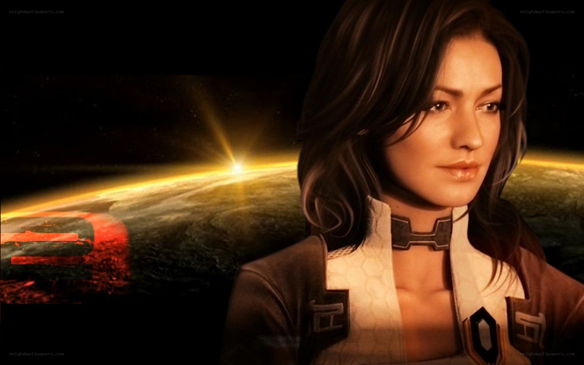 female character with planet background