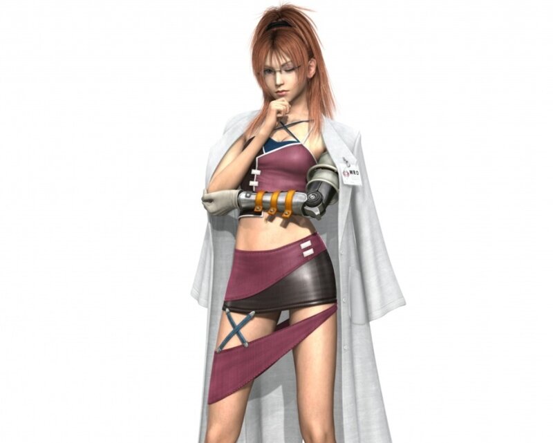 female character with prosthetic arm