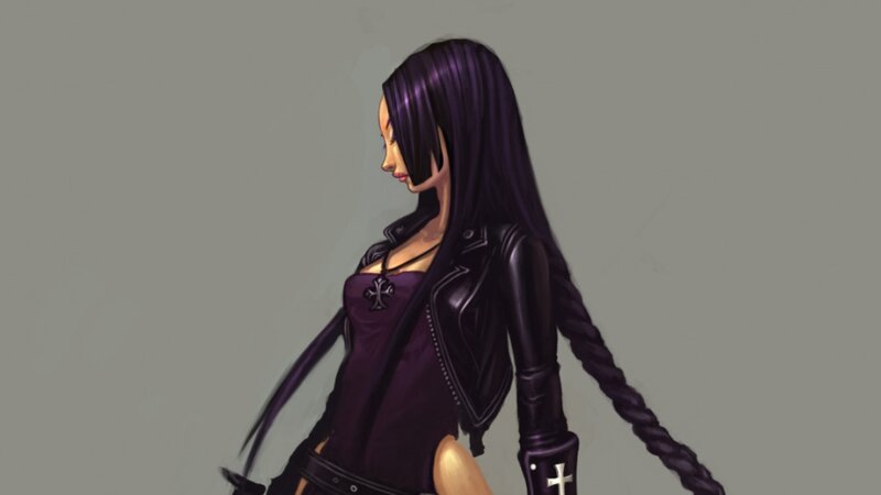 female character with purple hair